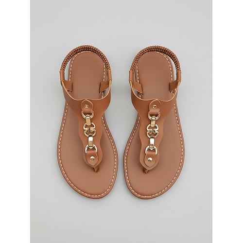 Hellbraune Damen-Sandalen mit T-Riemen – minimalistisches Design mit elastischem Band, leichte Freizeitsandalen für Sommerausflüge, Urlaub, Spaziergänge und den Alltag. Image