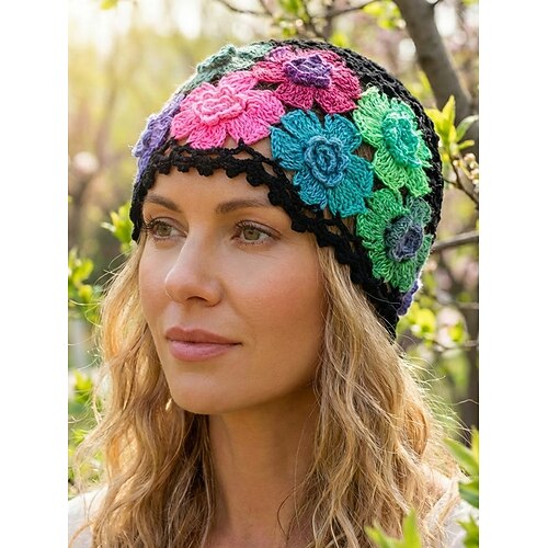 Gehäkelter Damen-Blumenhut, in verschiedenen Farben erhältlich, aus Strickmaterial, perfekt für die Freizeit im Frühling und Sommer. Image