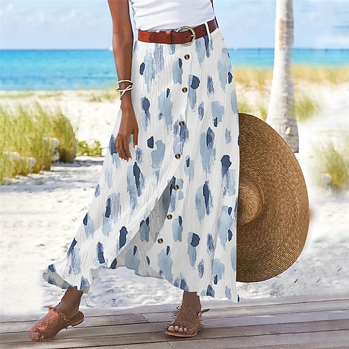 Damenmode, lässige Maxiröcke mit hohem Bund, Blumenmuster, Schlitz am Saum, lässiges Material aus Baumwoll-Leinen-Imitat, alltagstauglich, blau, hellrosa, gelb, pink, Sommer Image