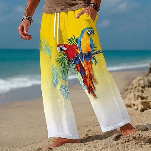 Herren Tiermotiv Kokospalme Papagei Hose Freizeithose Baggy-Hosen Mittlere Taille Hawaiianisch Outdoor Urlaub Strandbekleidung Elastischer Kordelzug in der Taille Leinenähnliche Hose mit Taschen Image