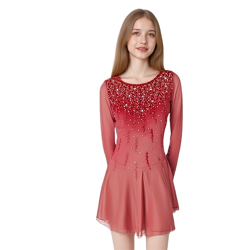 Eiskunstlaufkleid Damen Eislaufen Kleid Violett Rosa Rot Patchwork Asymmetrischer Saum Dehnbar Training Wettbewerb Eiskunstlaufkleidung Klassisch Kristall / Strass Langarm Eislaufen Eiskundstlauf Image