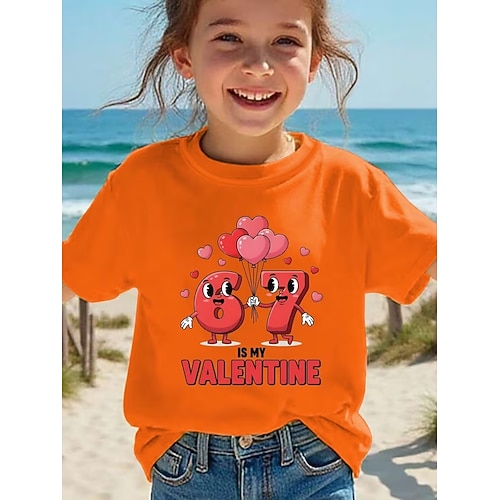 Valentinstag Mädchen 3D Grafik Lustiger Slang 67 T-Shirt Kurzarm 3D-Druck Sommer Frühling Sport Mode Streetwear Kinder 4-12 Jahre Rundhalsausschnitt Lässig Täglich Outdoor Normale Passform Image