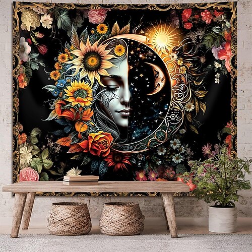Wandteppich mit Sonne und Mond, himmlischem Blumenmuster (Sonnenblumen, Rosen), Boho- und Hippie-Stil, für Schlafzimmer, Wohnzimmer, Yoga- und Meditationsraum Image