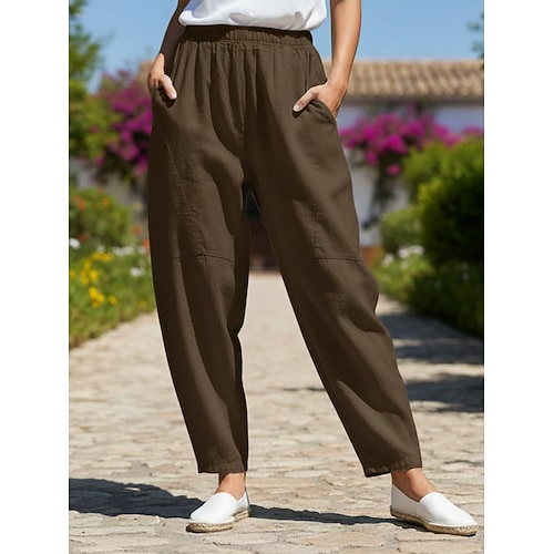 Damen Hose aus Baumwollleinen Chinos Urlaub Streetwear Basic Volle Länge Mittlere Taillenlinie Einfach Tasche Bequem Komfort Unelastisch Täglich Outdoor Urlaub Blau Weinrot Schwarz Weiß Sommer Image