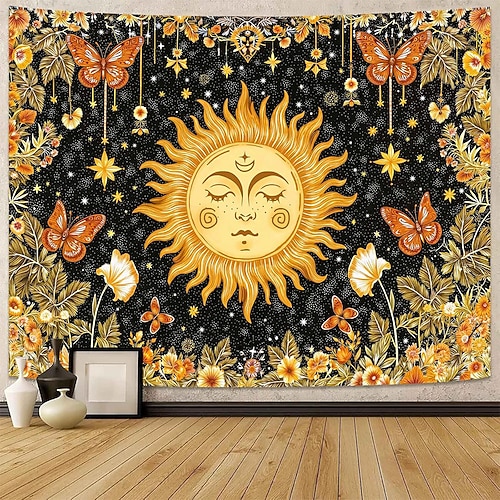 Sonnen-Wandteppich, himmlisch, Boho-Stil, Schmetterlinge, Sterne, Blumen, Yoga-Raum, Meditationsdeko, spirituelle Zen-Kunst, Stoffposter für das Wohnzimmer Image
