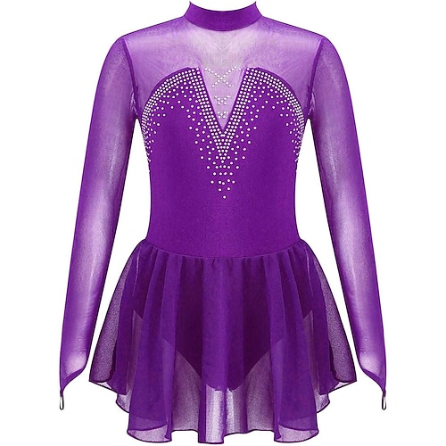 Eiskunstlaufkleid Damen Eislaufen Kleid Violett Marineblau Schwarz Patchwork Daumenloch Hohe Elastizität Training Wettbewerb Eiskunstlaufkleidung Klassisch Kristall / Strass Langarm Eislaufen Image