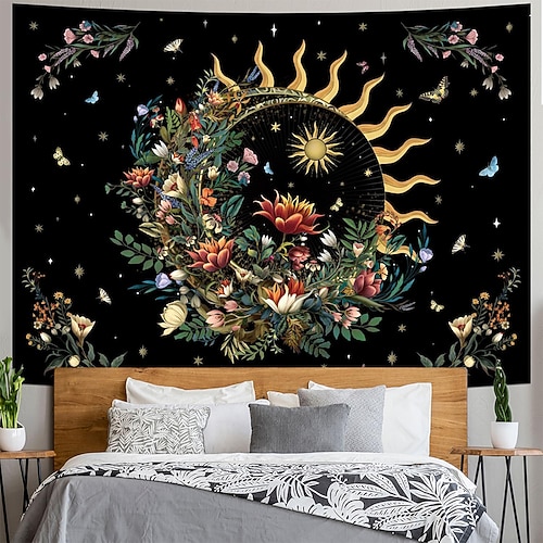 Wandteppich mit Sonne und Mond, Astrologie, Sternbilder, Mondphasen, Boho-Hippie-Stil, Wohnaccessoires für Schlafzimmer und Wohnzimmer Image