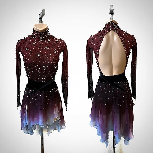 Eiskunstlaufkleid Damen Eislaufen Kleid Schwarz Rrot Patchwork Offener Rücken Dehnbar Training Wettbewerb Eiskunstlaufkleidung Klassisch Kristall / Strass Langarm Eislaufen Eiskundstlauf Image