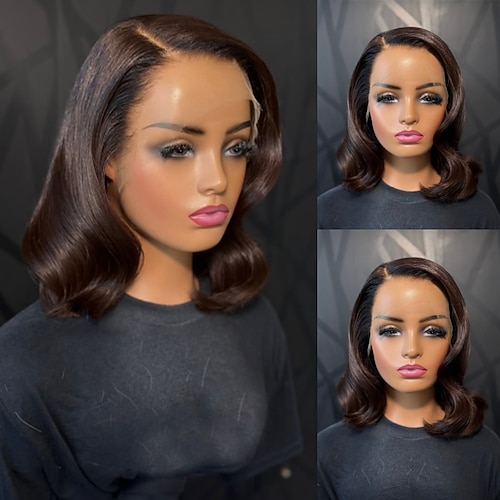Remy Echthaar 5x5 Verschluss 13x4 Spitzenfront Perücke Kurzer Bob Freier Scheitel Brasilianisches Haar Gewellt Natürlich Perücke 150% 180% Haardichte mit Babyhaaren Ombre-Haar Natürlicher Haaransatz Image