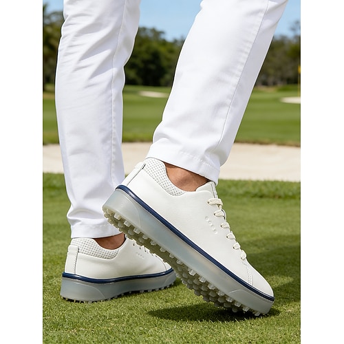 Weiße Herren-Golfschuhe, leichtes, atmungsaktives Obermaterial, gepolsterte Sohle mit Grip, sportlich-elegantes Design für Golfer und Outdoor-Spiele Image