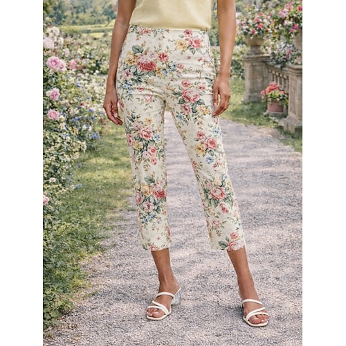 Damen Boho-Hose Chinos Gerade Urlaub Mode Streetwear Wadenlang Hohe Taille Blumen Grafik Komfort Weich Bequem Mikroelastisch Täglich Outdoor Urlaub Blau Rosa Grün Sommer Frühling Herbst Normale Image