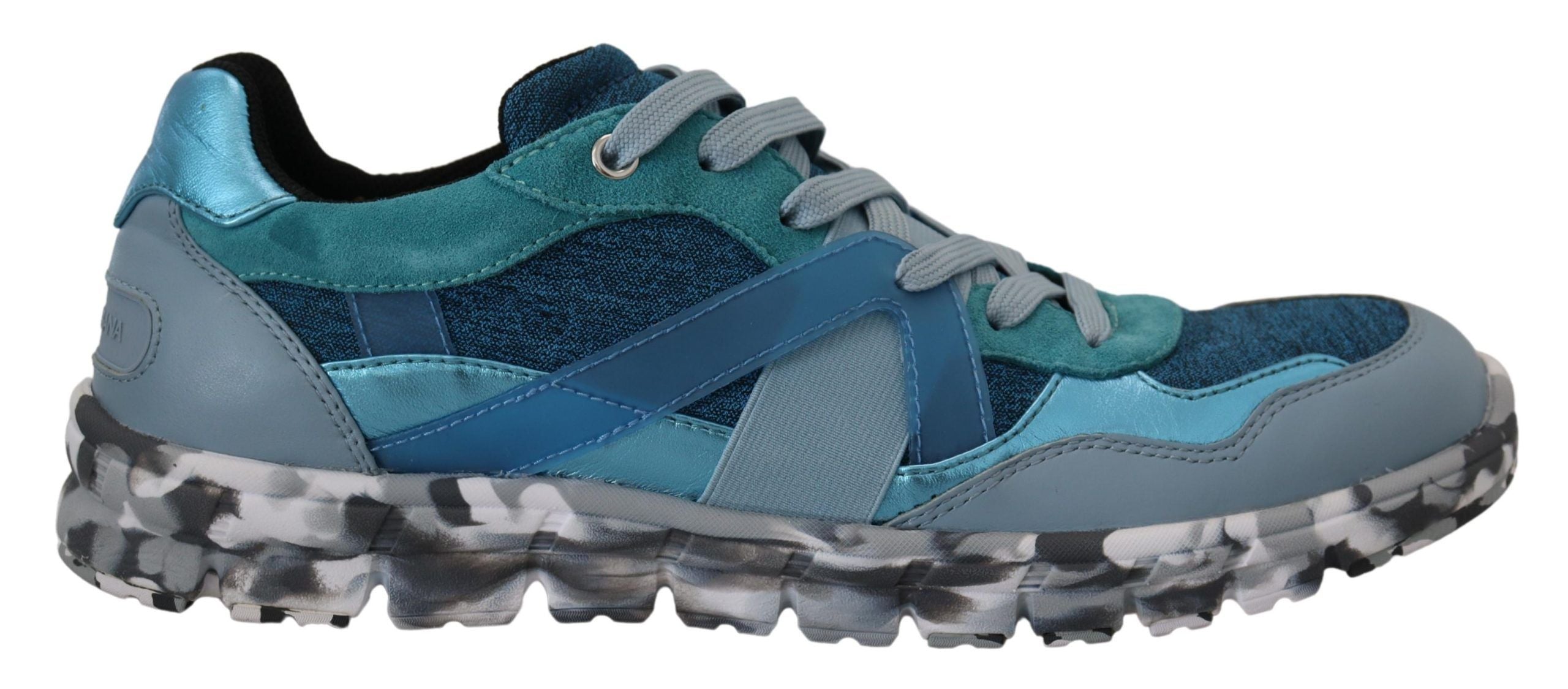 Dolce & Gabbana Blaue Graue Leder Sportschuhe Low Top
