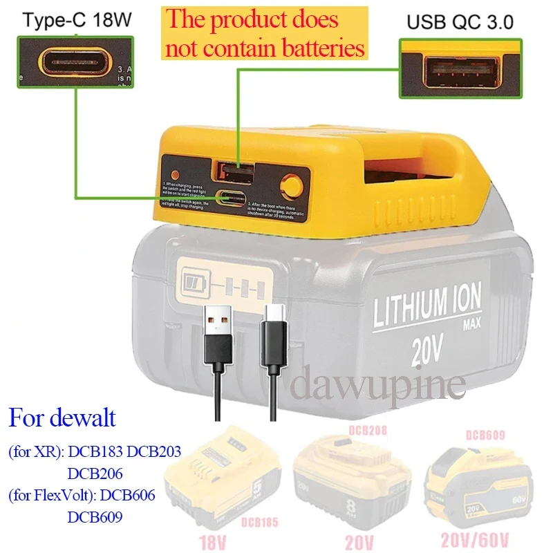 Elektrowerkzeug-Zubehör-Adapter für Dewalt 18 V 20 V Li-Ionen-Akku Typ C USB-Ladegerät Power Bank DCB200 DCB205 DCB183 DCB203 DCB206 Image