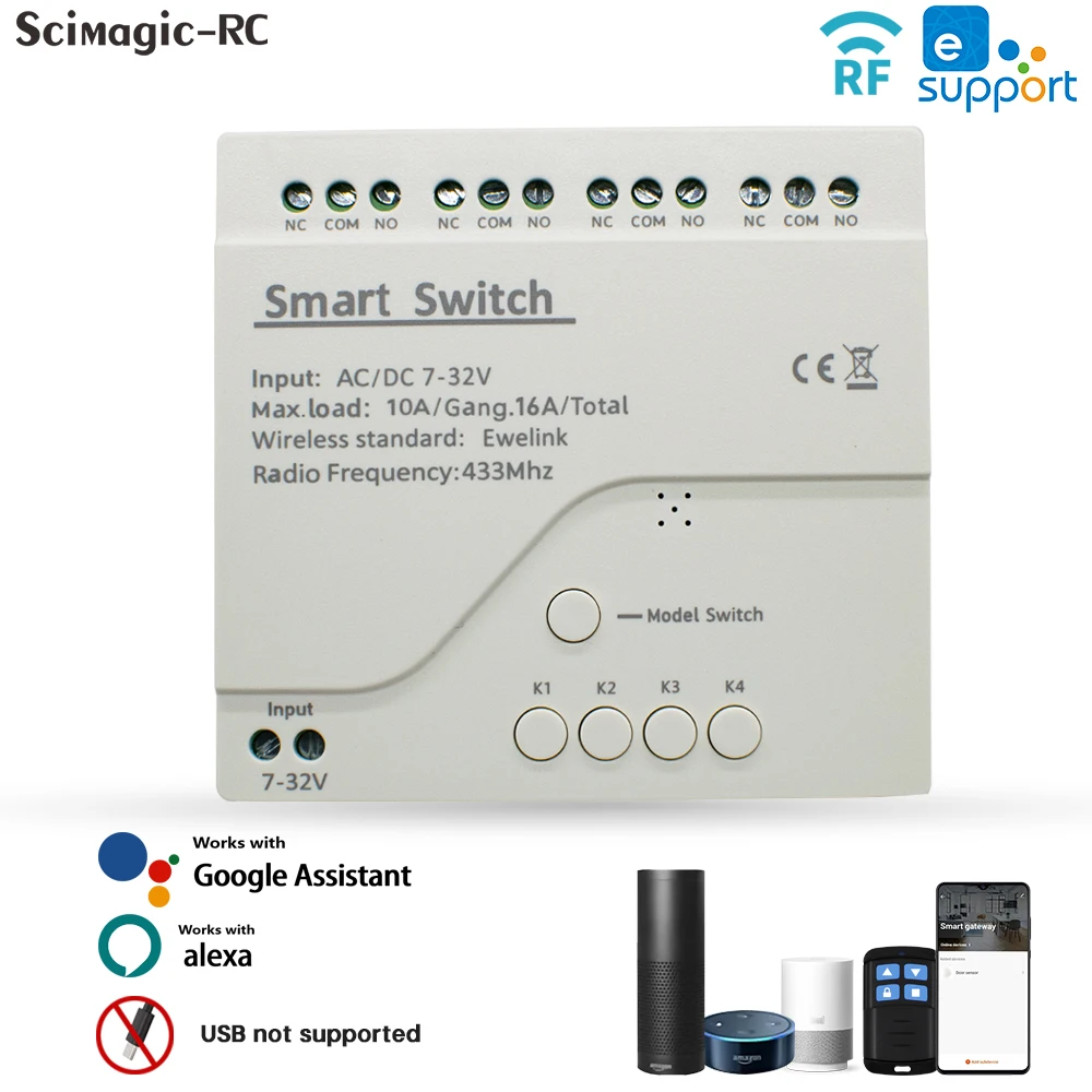 Neues 4CH eWeLink Smart Wifi Switch Modul 12V 24V 7-32V 110V 220V 85V-250V 10A 4 Kanäle Relais Funktioniert mit Alexa Google Home Image