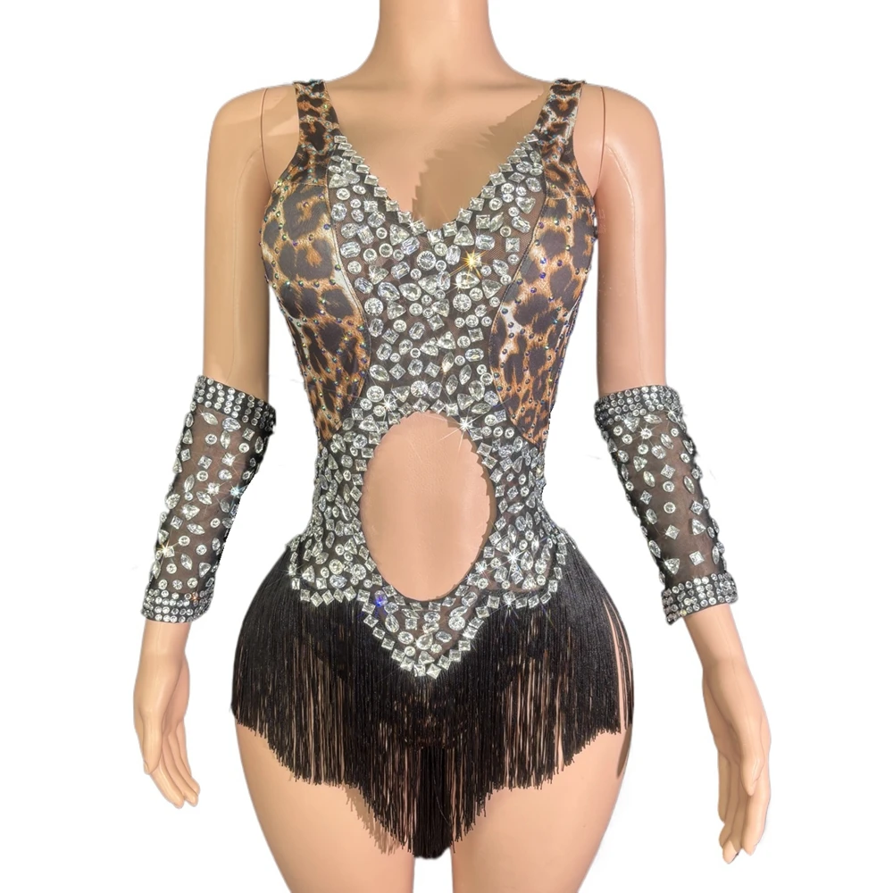 Funkelnde Strass-Quasten-Bodysuit-Handschuhe für Frauen, sexy, aushöhlen, Performance, Tanzkostüm, Tänzerin, Show, Bühnenkleidung Image