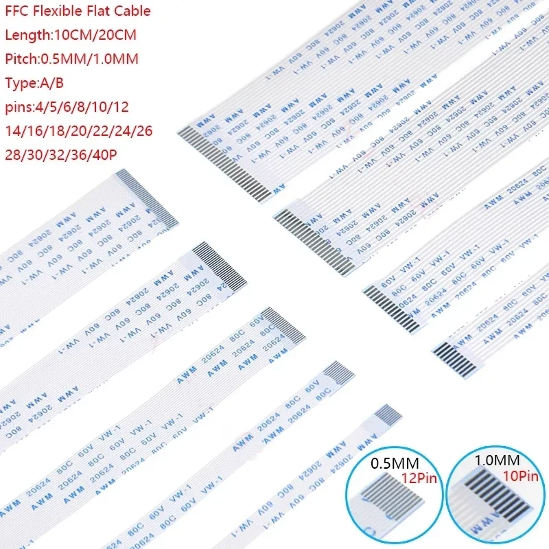 10 Stück flaches flexibles Kabel FFC FPC AWM 20624 80C 60 V VW-1 FFC-0,5 mm 1,0 mm 4/5/6/8/10/12/14/16/18/20/24/26/30/32 Pin Image