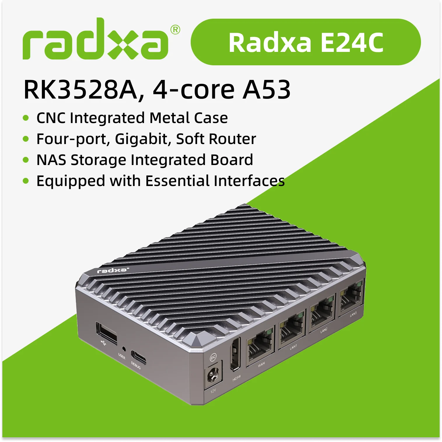 Radxa E24C Single Board Computer - Rockchip RK3528A Quad-Core A53 4x GbE USB-C Power LPDDR4/SD Support