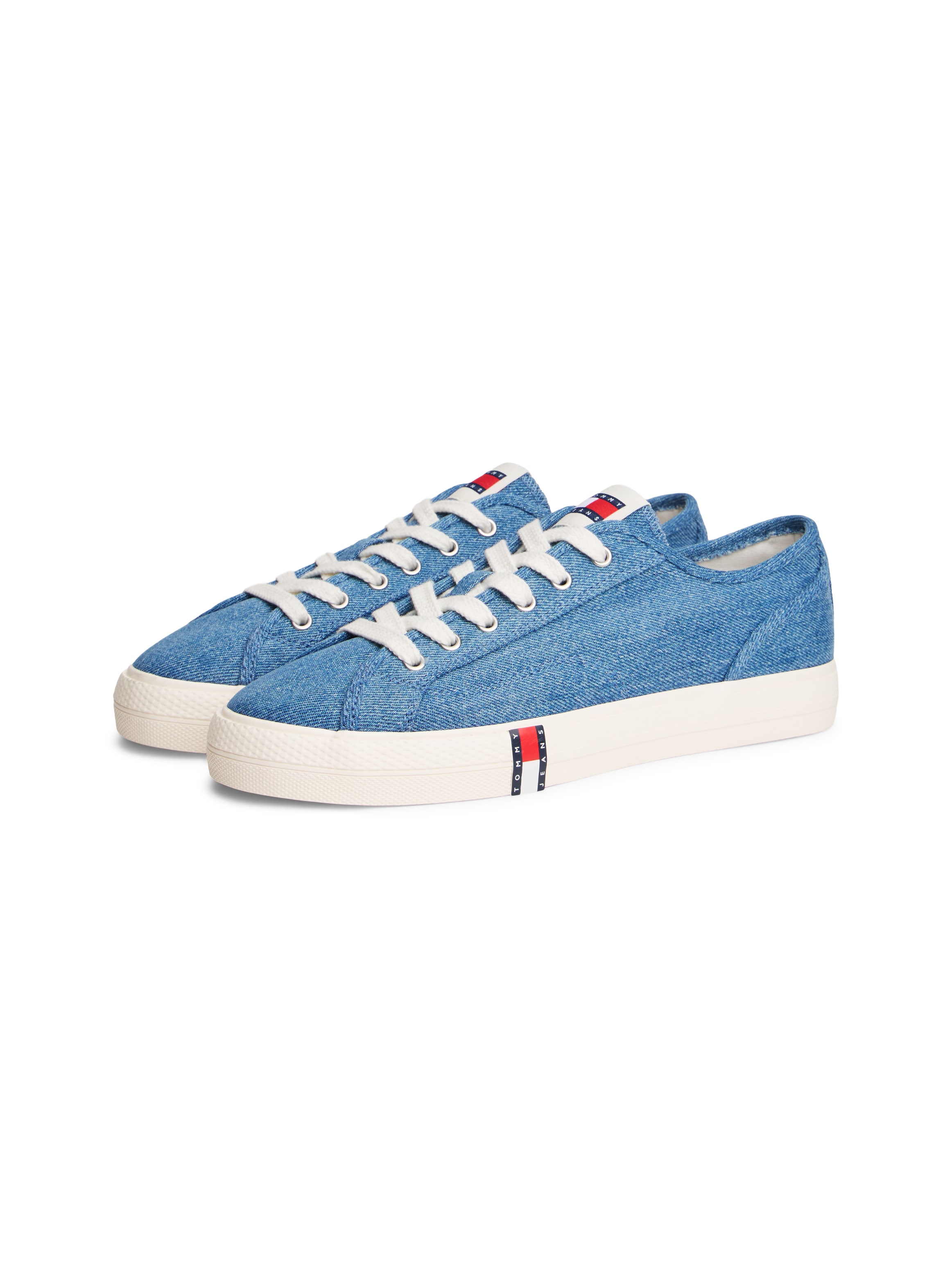 Plateausneaker TOMMY JEANS "ARCHIVE Y2K DENIM", Damen, Gr. 38, denim, Baumwolle, unifarben, used, Schuhe Plateausneaker, Schnürschuh, Halbschuh, Freizeitschuh mit Flagge im Plateau