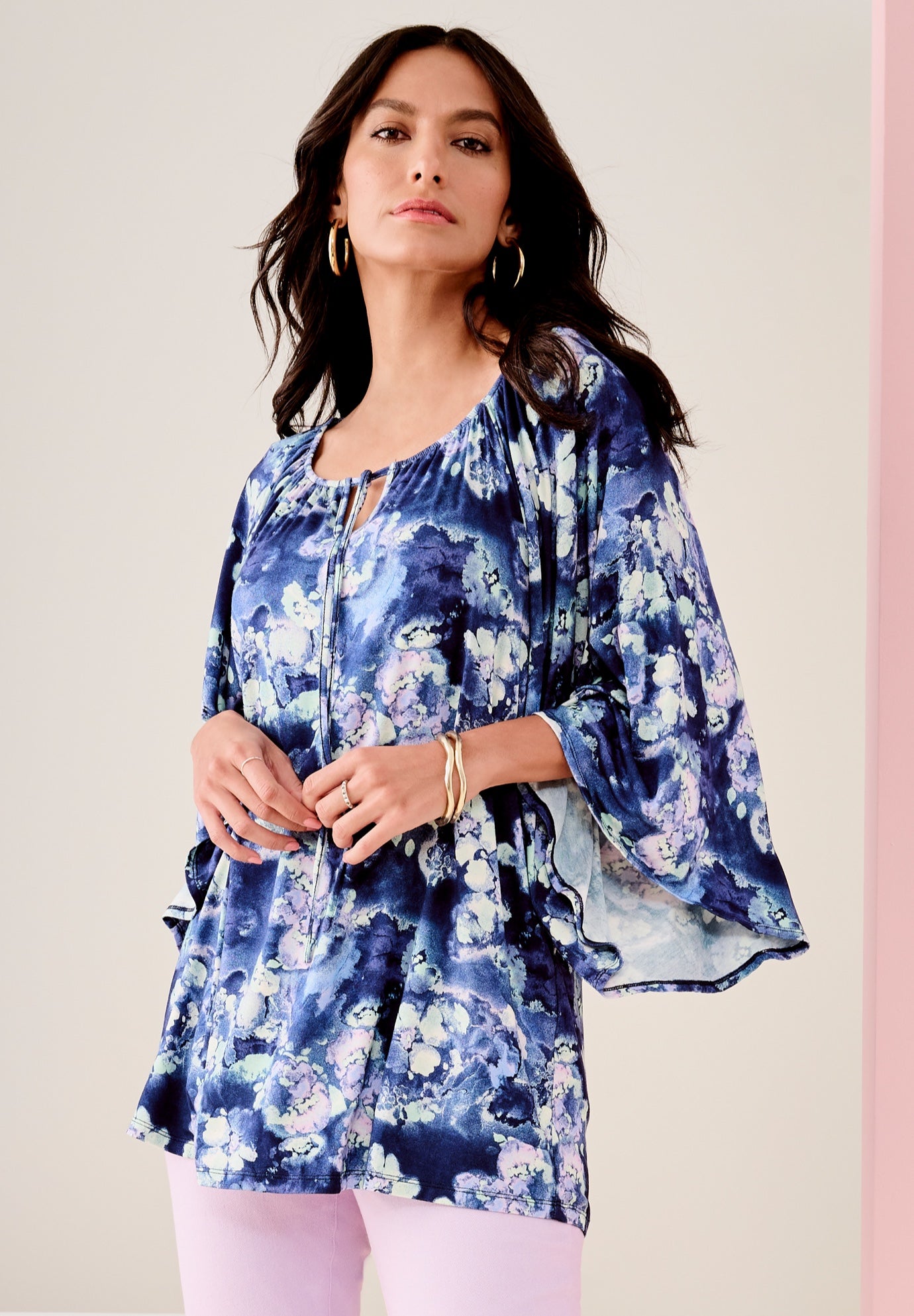 Plus Size Women's Notch Neck Textured Tee by Roaman's in Navy Spray Floral (Size 12)