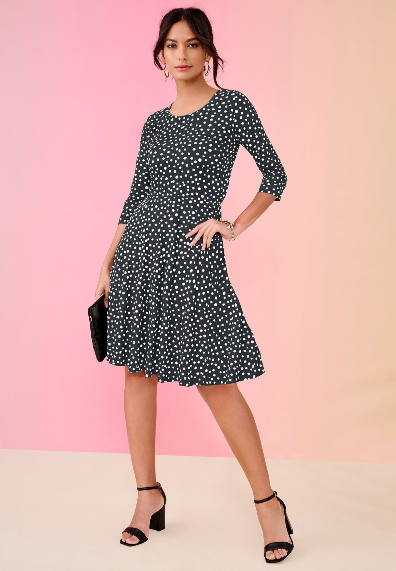 Plus Size Women's Ultrasmooth® Fabric Fit-And-Flare Dress by Roaman's in Black White Dots (Size 24 W)