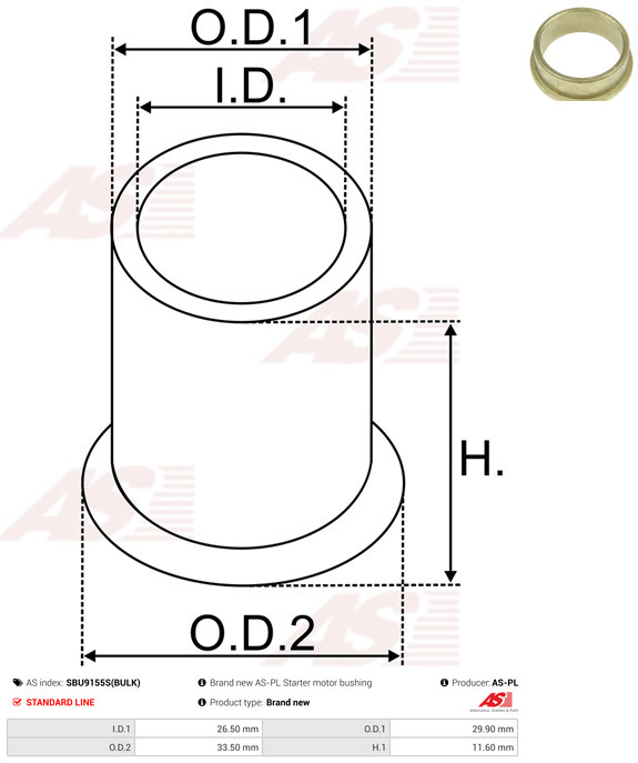 AS-PL Buchse, Starterwelle SBU9155S(BULK) Universal für VW FIAT MERCEDES-BENZ 003911257 9935940 0001515950 Image