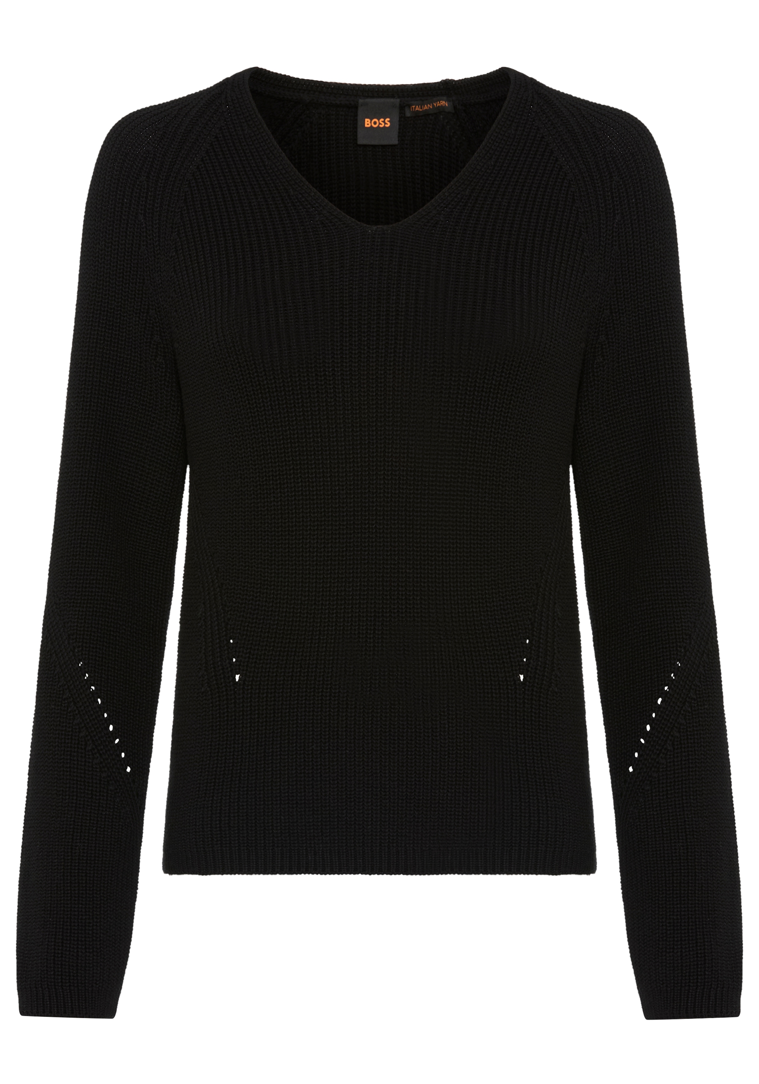 Strickpullover BOSS ORANGE "Fardellina Premium Damenmode", Damen, Gr. M (38), schwarz 001, Strick, Obermaterial: 100% Baumwolle, unifarben, normal, V-Ausschnitt, Raglanärmel, Pullover Strickpullover, aus reiner Baumwolle