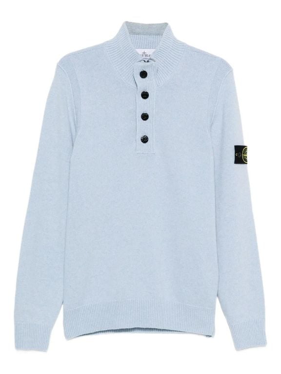 High-Neck Button Sweater - Blue - Stone Island Knitwear