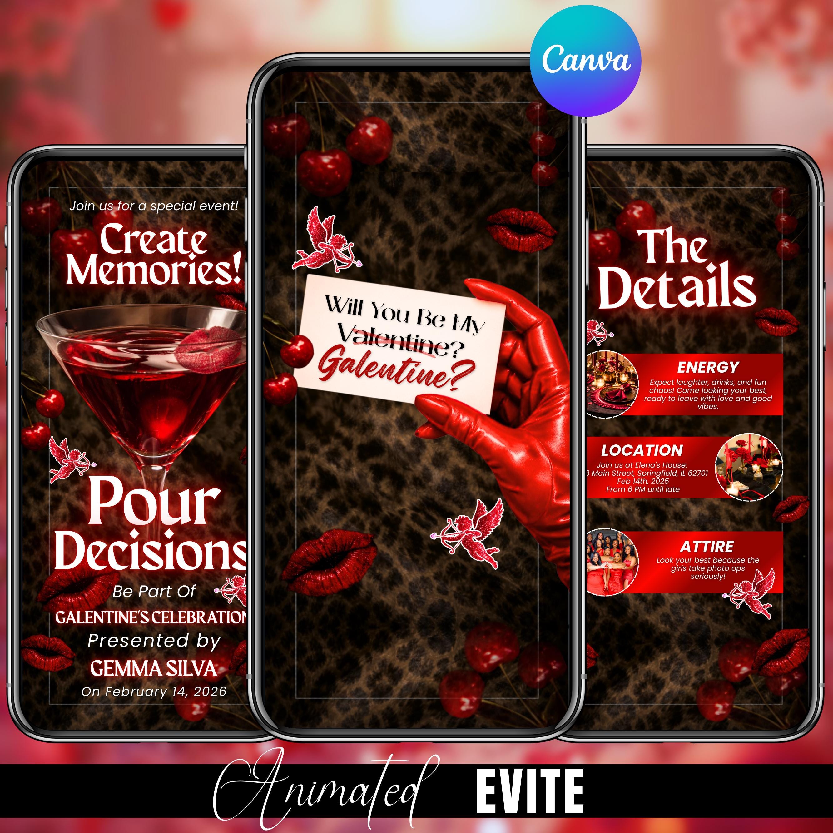 Modello di invito per il Galentine's Day di Pour Decisions, invito per la serata tra ragazze, invito elettronico per Galentines con stampa Red Cheetah