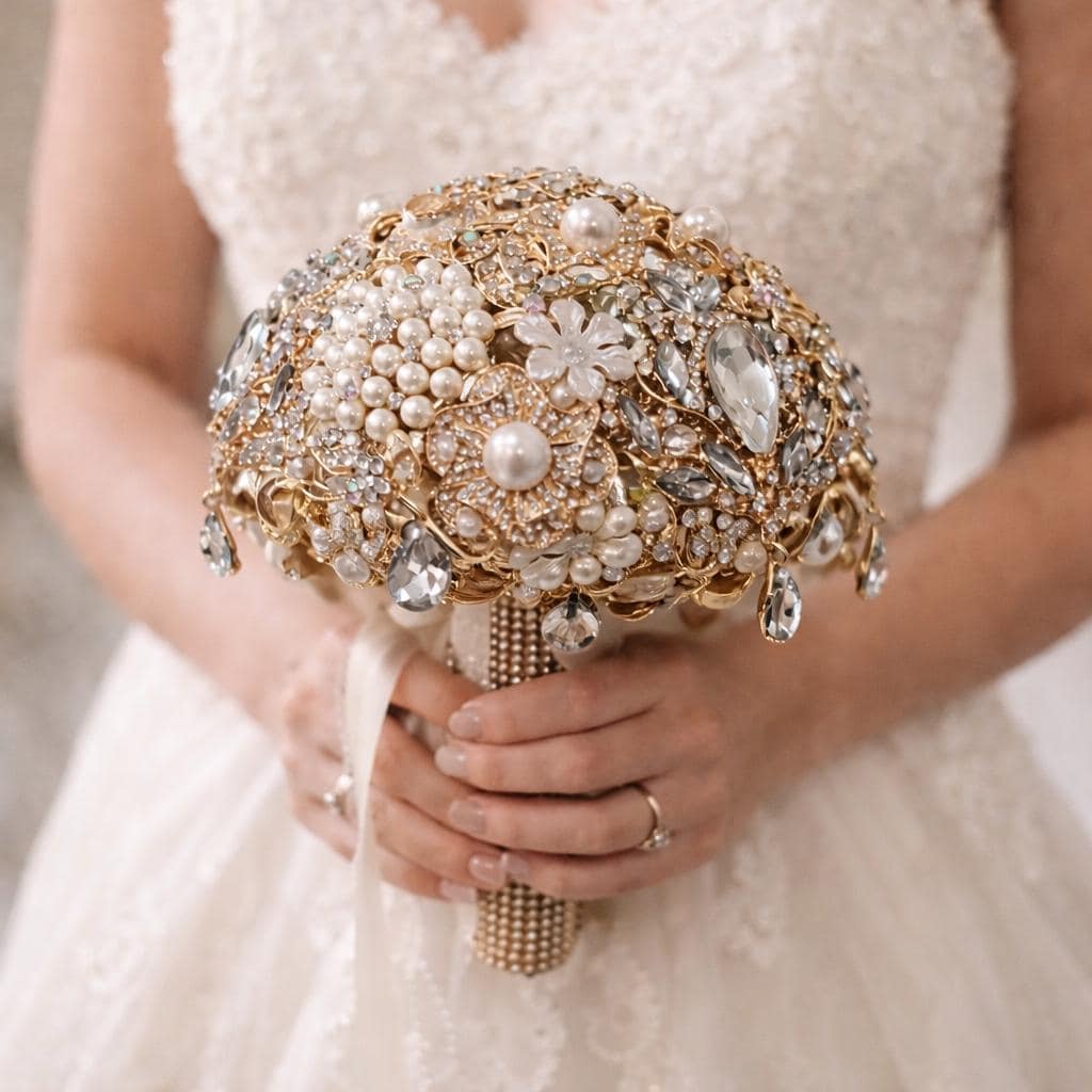 Bouquet con spilla in oro. Bouquet da sposa di lusso con perle di cristallo e spilla