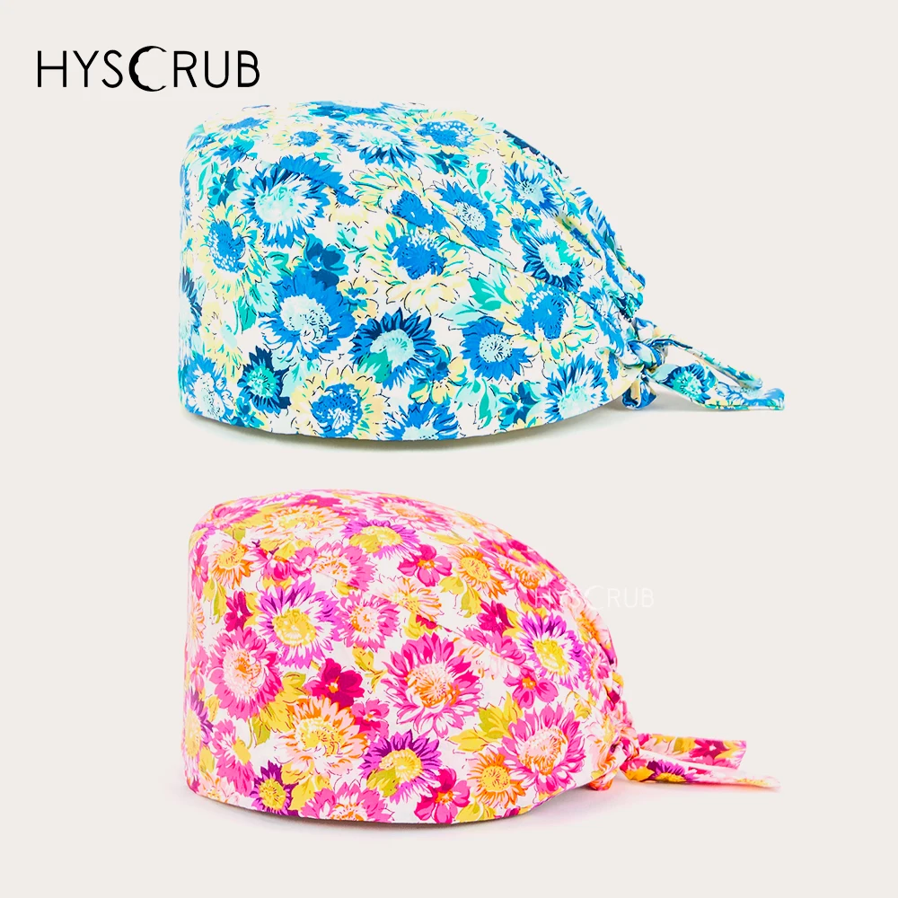 Staubkappe mit Blumendruck und Riemen Scrub Hat Uniformzubehör für Ärzte und Krankenschwestern Image