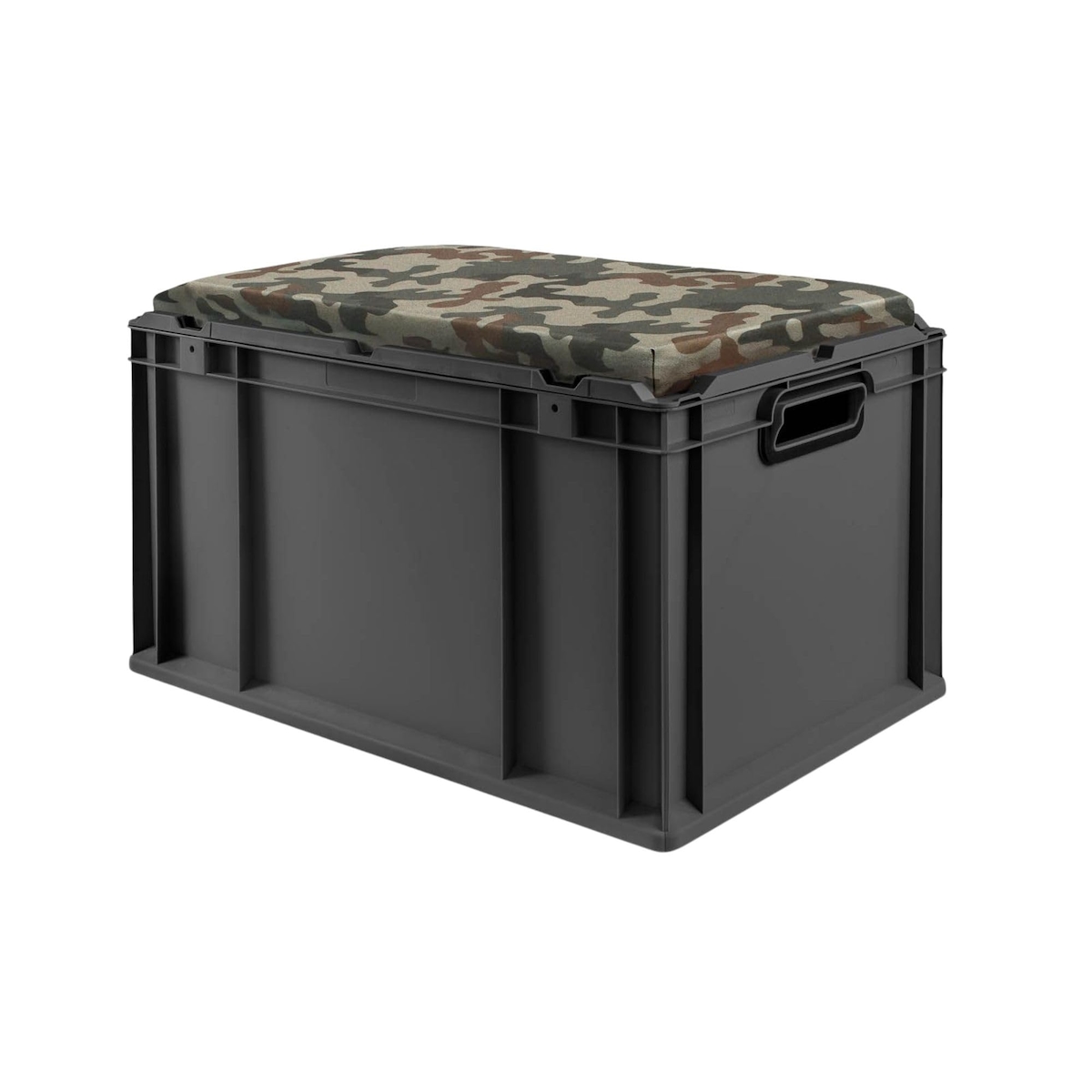 PROREGAL Eurobox NextGen Seat Box Camouflage, HxBxT 36,5x40x60cm, 65 Liter, Griffe offen, Schwarz, Eurobehälter, Sitzbox, Transportbox Image