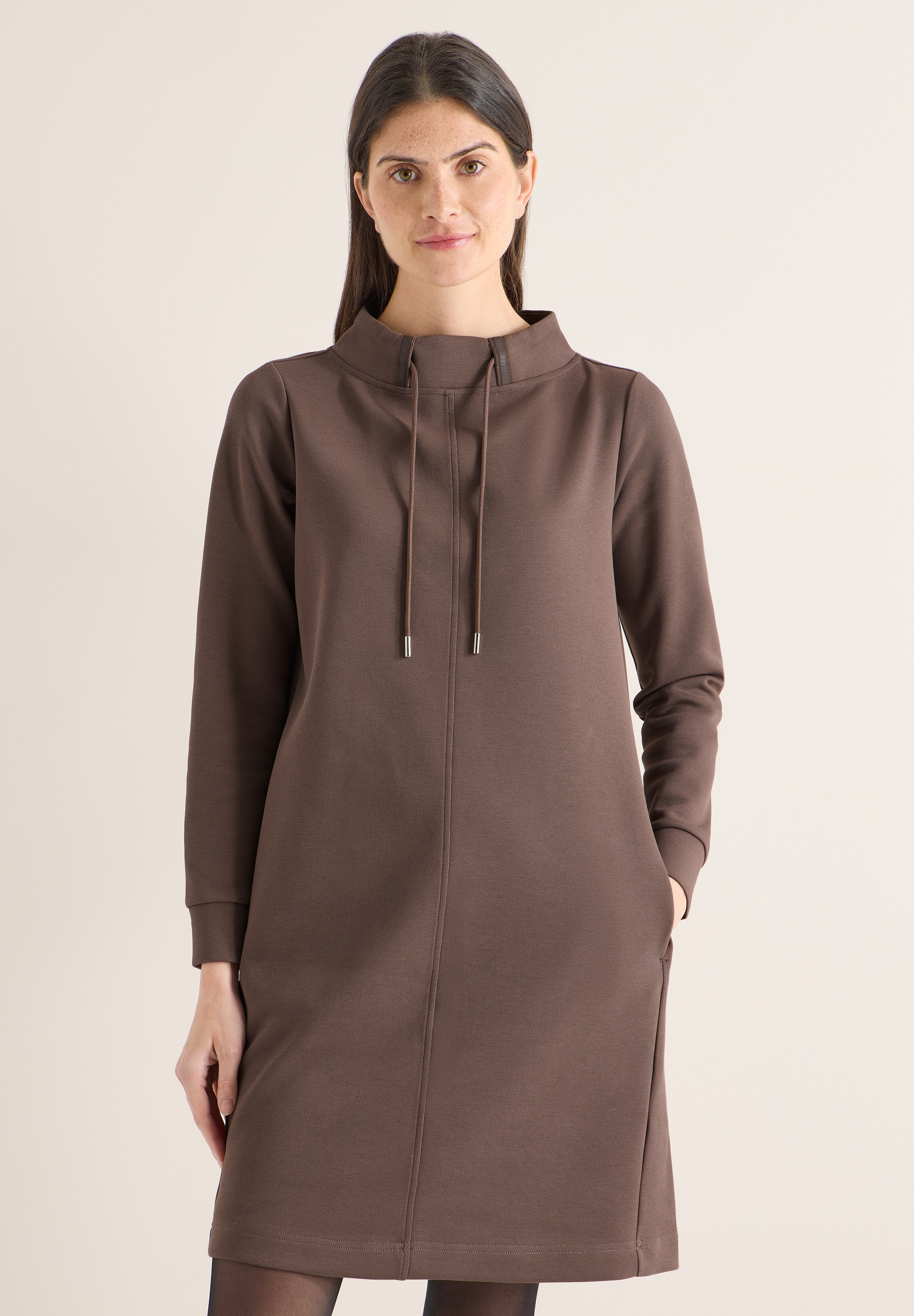 Midikleid CECIL, Damen, Gr. L (42), US-Größen, urban taupe, Stoff, 53% Polyester, 40% Baumwolle, 7% Elasthan, unifarben, normal kniefrei, hoch geschlossener Ausschnitt, Bündchen, Kleider Midikleid, mit Stehkragen