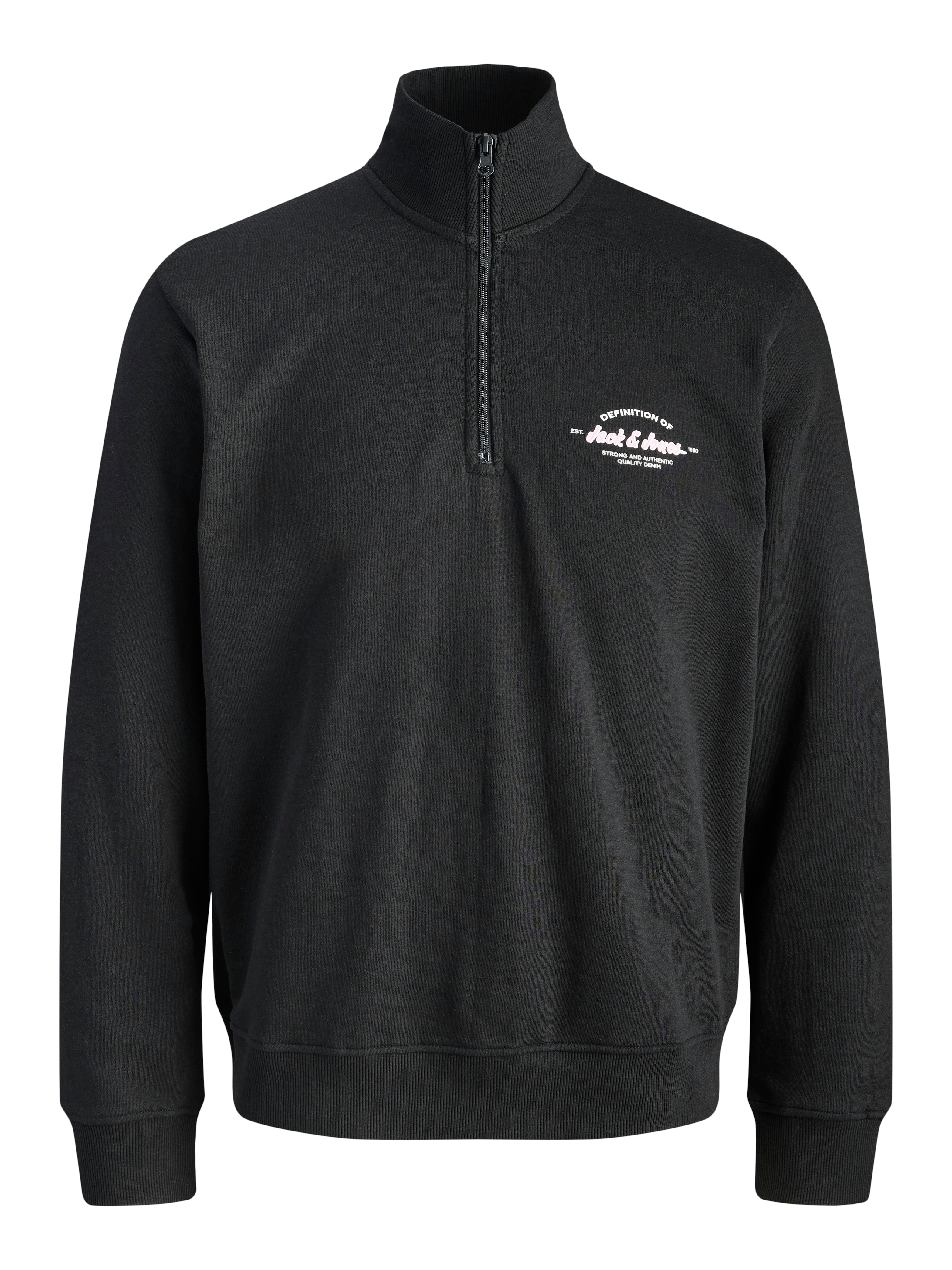 Sweater JACK & JONES "JJBRANDON SWEAT HALF ZIP", Herren, Gr. XS, schwarz, angeraute Sweatware, Obermaterial: 65% Polyester, 35% Baumwolle, unifarben, regular fit, hoch geschlossener Ausschnitt, Rippbündchen, Sweatshirts Sweater