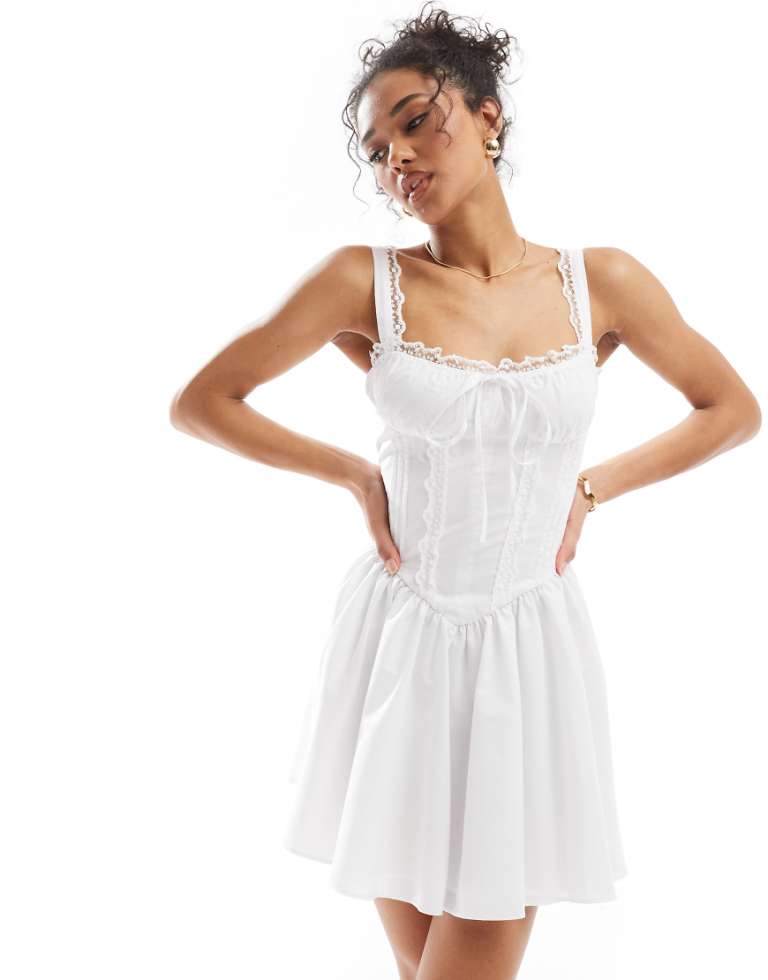 Miss Selfridge Womens Poplin Lace Trim Corset Mini Dress in White - Size 6 UK | Miss Selfridge Sale | Discount Designer Brands