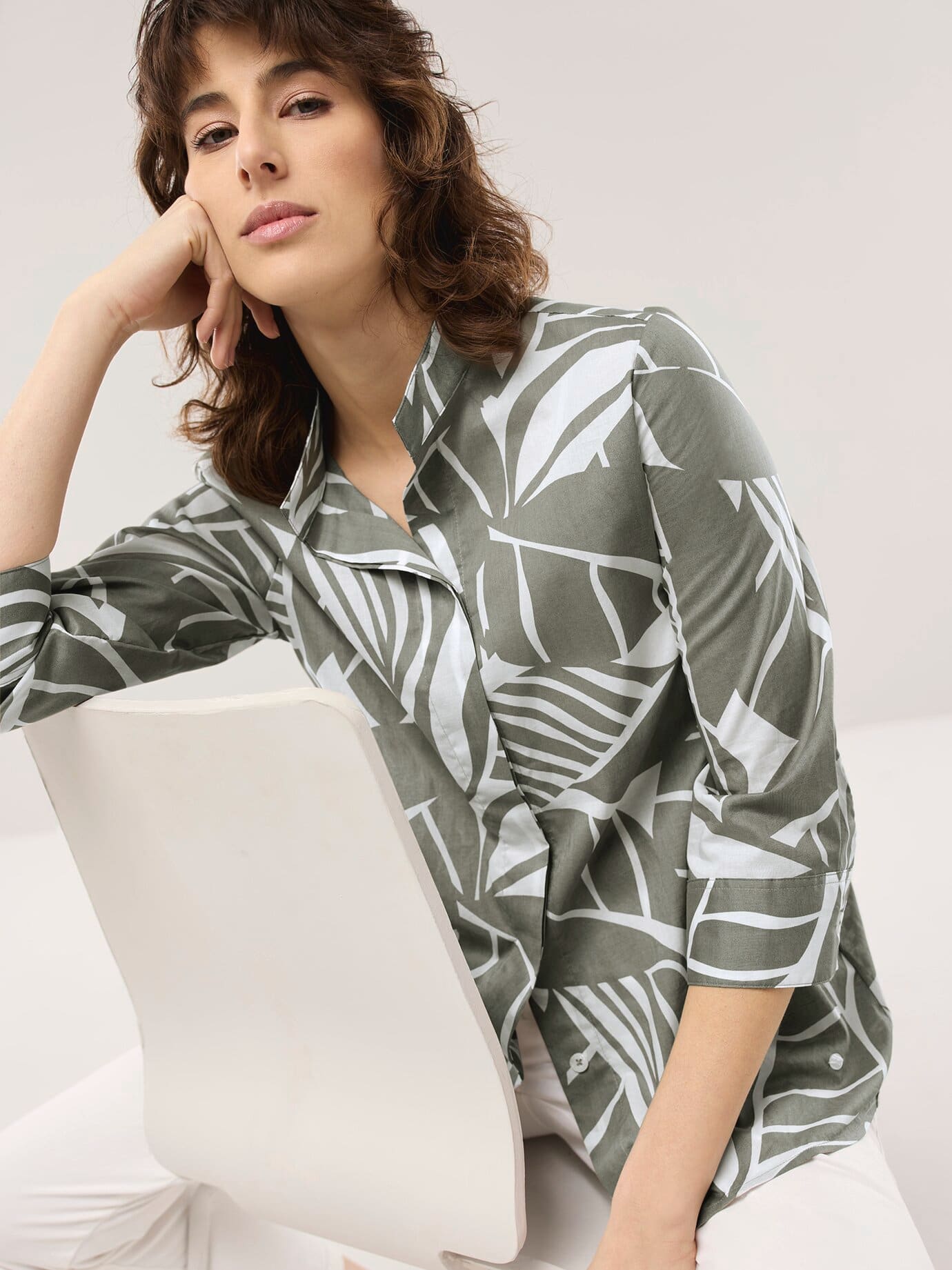 Walbusch Damen Tunika-Bluse mit Stehkragen Grün gemustert