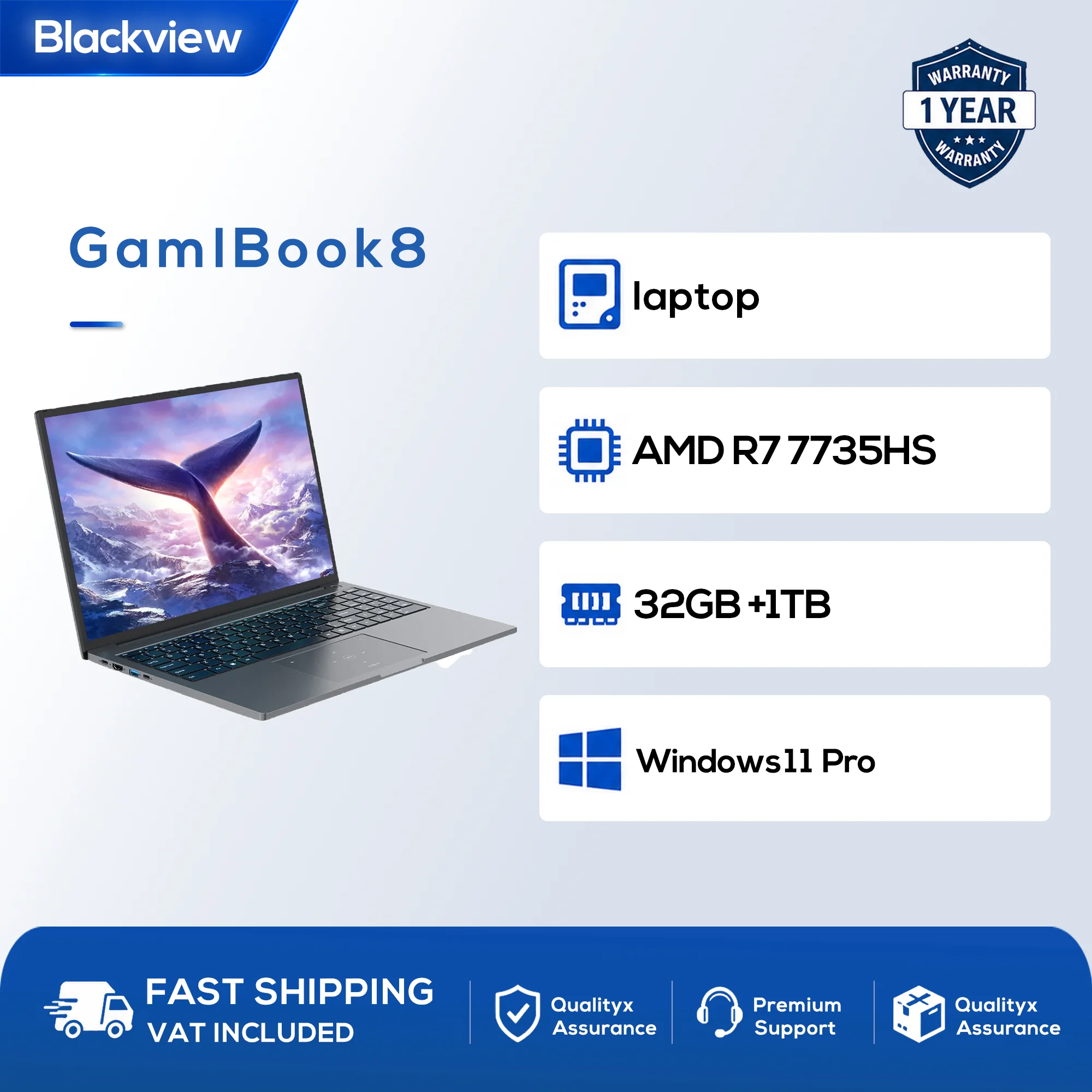 Blackview ‎ Ordinateur portable GamiBook 8 16 pouces AMD R7 7735HS DDR5 32 Go de RAM 1 To SSD Windows 11 Carte graphique Radeon 680M BT5.2 WiFi 6 PC pour la maison et le bureau