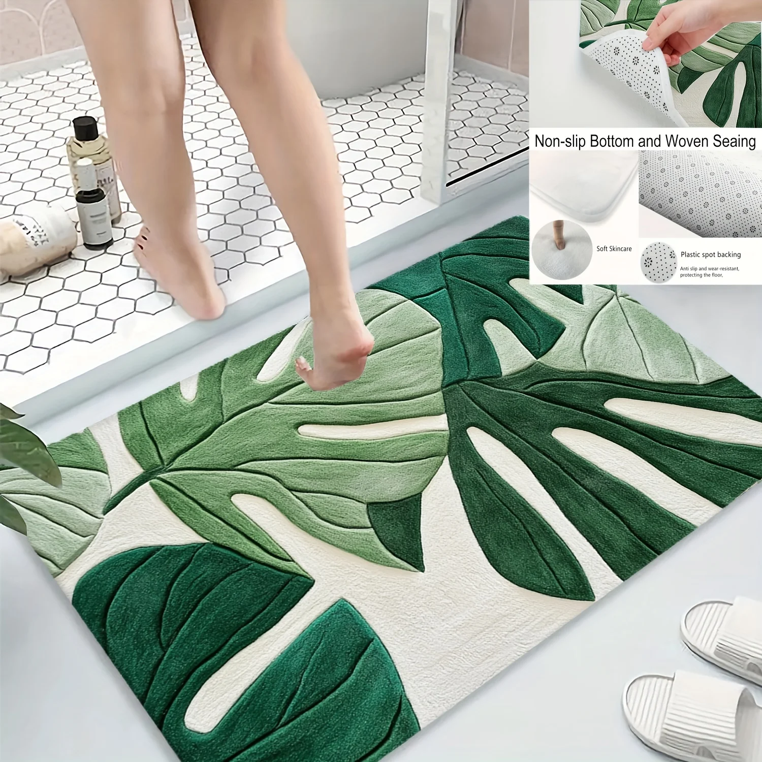 Tropical Green Leaf Print Bath Mat, Soft Flannel Plush Non-Slip Rug, Machine Washable Decor for Bathroom, Kitchen, Living Room