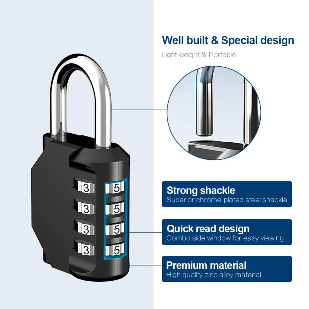 Schloss, wasserdichte 4-stellige Vorhängeschlösser mit Zahlencode, Zahlenschloss aus Zinklegierung für Tür, Werkzeugkästen, Schulen, Fitnessstudio, Aufbewahrung Image