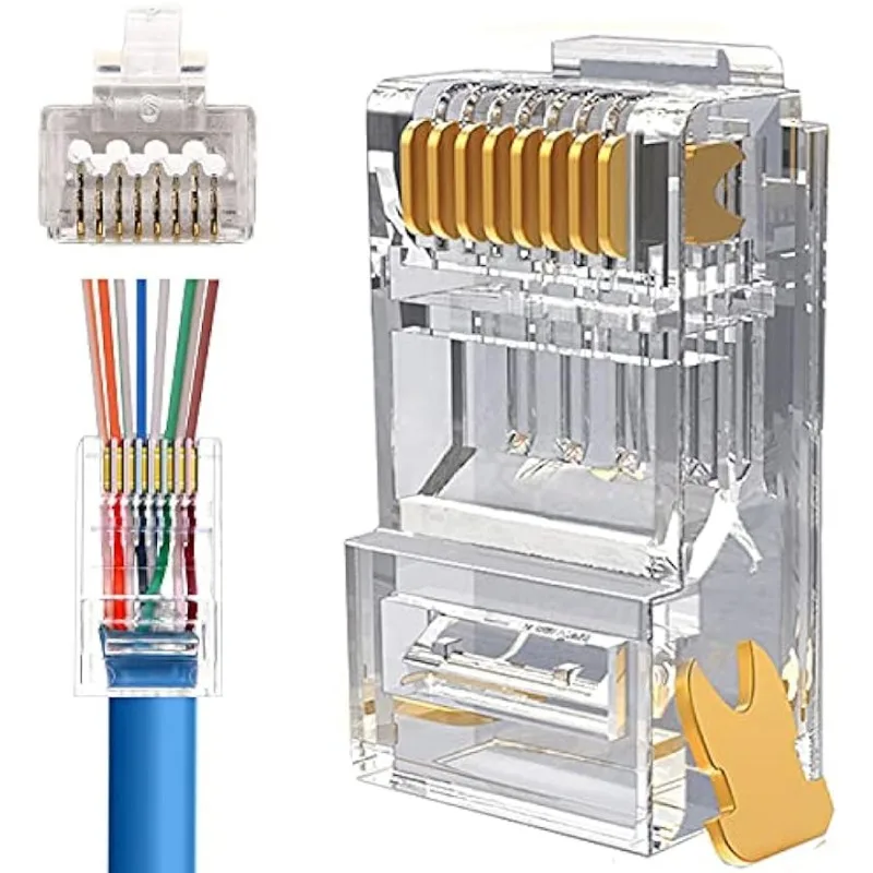 RJ45 Cat6 Cat6a Pass Through-Steckverbinder, vergoldete 8P8C-Modularstecker für 23 AWG Twisted-Pair-Draht und Standardkabel (100er) Image