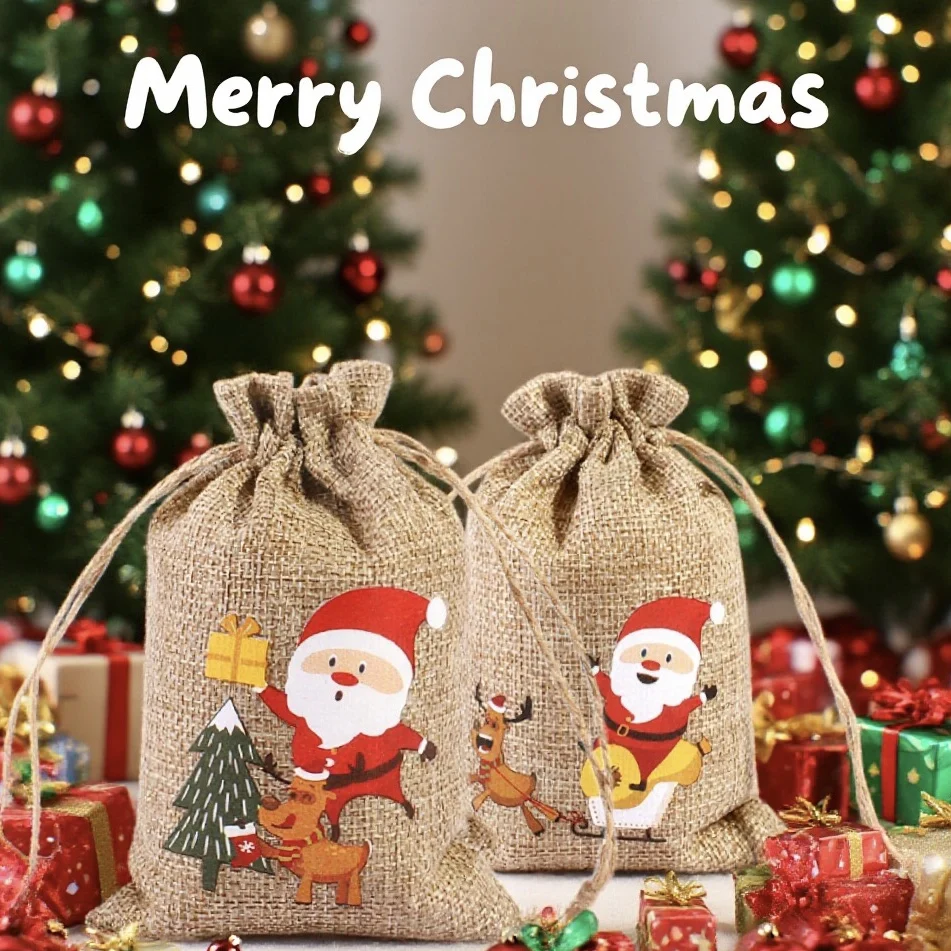 6er-Pack Weihnachts-Süßigkeiten-Geschenktüten, kleine Leinenbeutel mit Kordelzug, zum Dekorieren an Kamin, Weihnachtsbaum, geeignet für Weihnachten und andere Feiertagsdekorationen sowie Image
