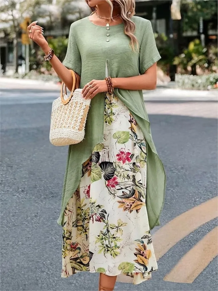 Frauen Gefälschte Zwei-stück Kurzen ärmeln Kleider 2025, Sommer Baumwolle Leinen Fashion Floral Gedruckt Lange Kleid Weibliche Große Sway vestidos Image