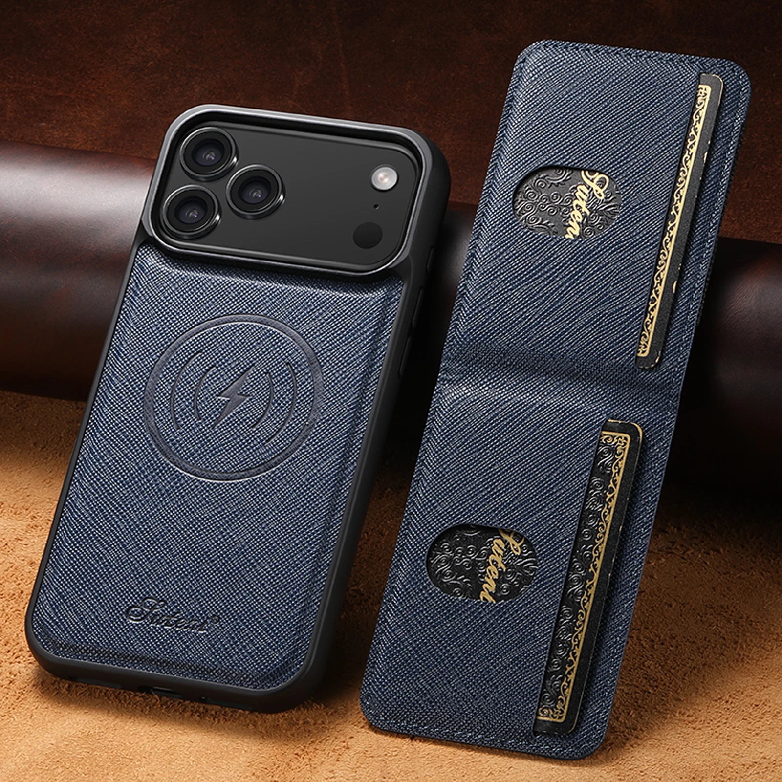 SUTENI Kabelloses Laden, magnetische Handyhülle, Kartenhalter, Ständer, Kunstleder, für iPhone 17 Pro Max 16 Plus 15 14 13 12 Image