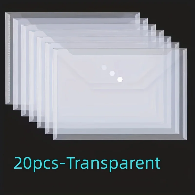 20 Packungen, Kunststoffumschläge, transparenter, wiederverwendbarer Poly-Umschlag, wasserdichter Ordner mit Knöpfen, A4-Format, für Schulbürobedarf Image