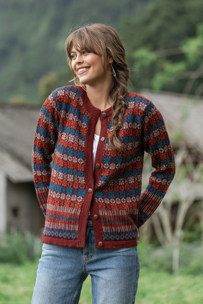 'Mosaic-Patterned Red 100% Alpaca Cardigan Sweater from Peru'