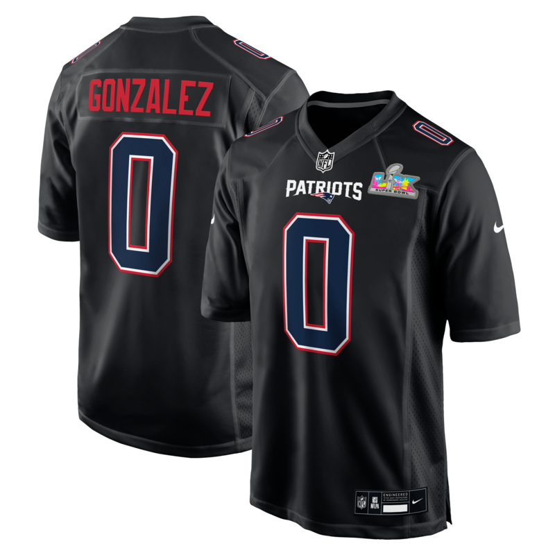 Nike Christian Gonzalez Herren-Trikot, schwarz, New England Patriots, Super Bowl LX Patch Carbon Fashion Image