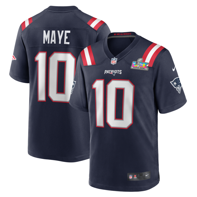 Nike Herren-Trikot mit Drake Maye-Logo, marineblau, New England Patriots, Super Bowl LX Patch Image