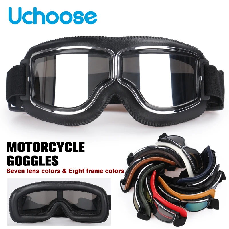 Winddichte Motorradhelmbrille, Leder, Sicherheitsschutz, blendfreie Schutzbrille, Motocross, Cross-Country-Steampunk-Brille Image