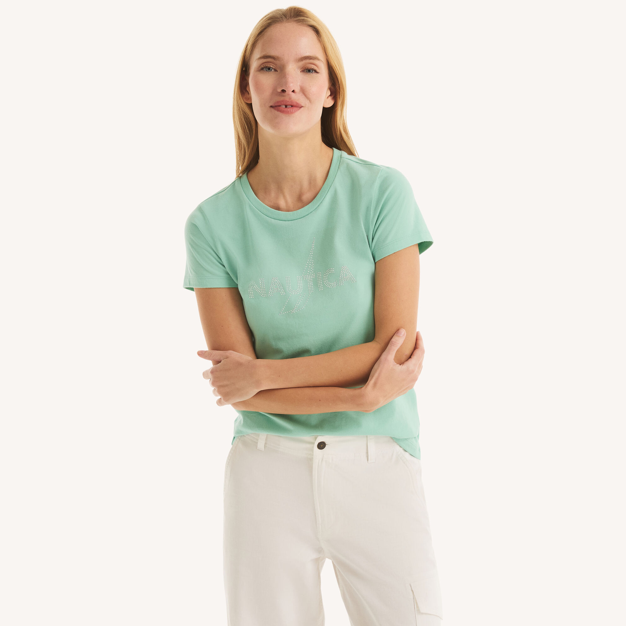 Nautica Women's Studded Logo Graphic T-Shirt 344 (Dusty Neptune), S