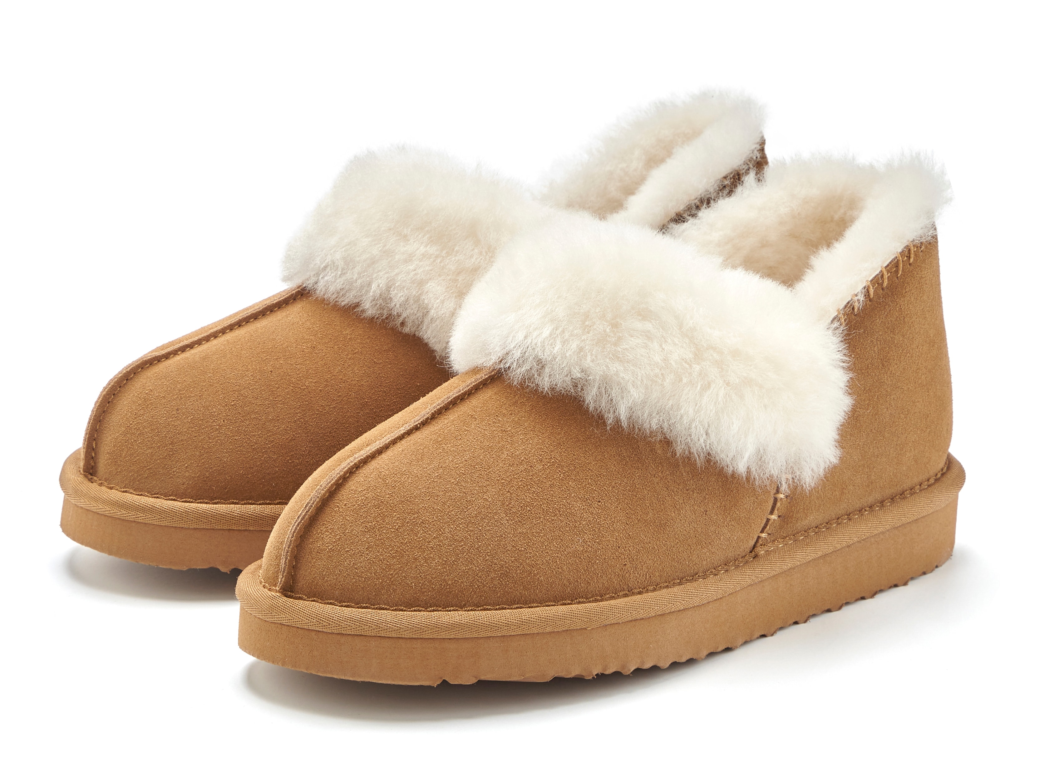 Hausschuh VIVANCE "Plüsch Hausschuh, Pantolette, Pantoffel, Homeslippers", Damen, Gr. 36, camelfarben, Obermaterial: 100% Rindsleder. Decksohle: 100% Lammfell. Futter: 100% Lammfell. Laufsohle: 100% Synthetik, unifarben, Schuhe Hausschuh, mit...