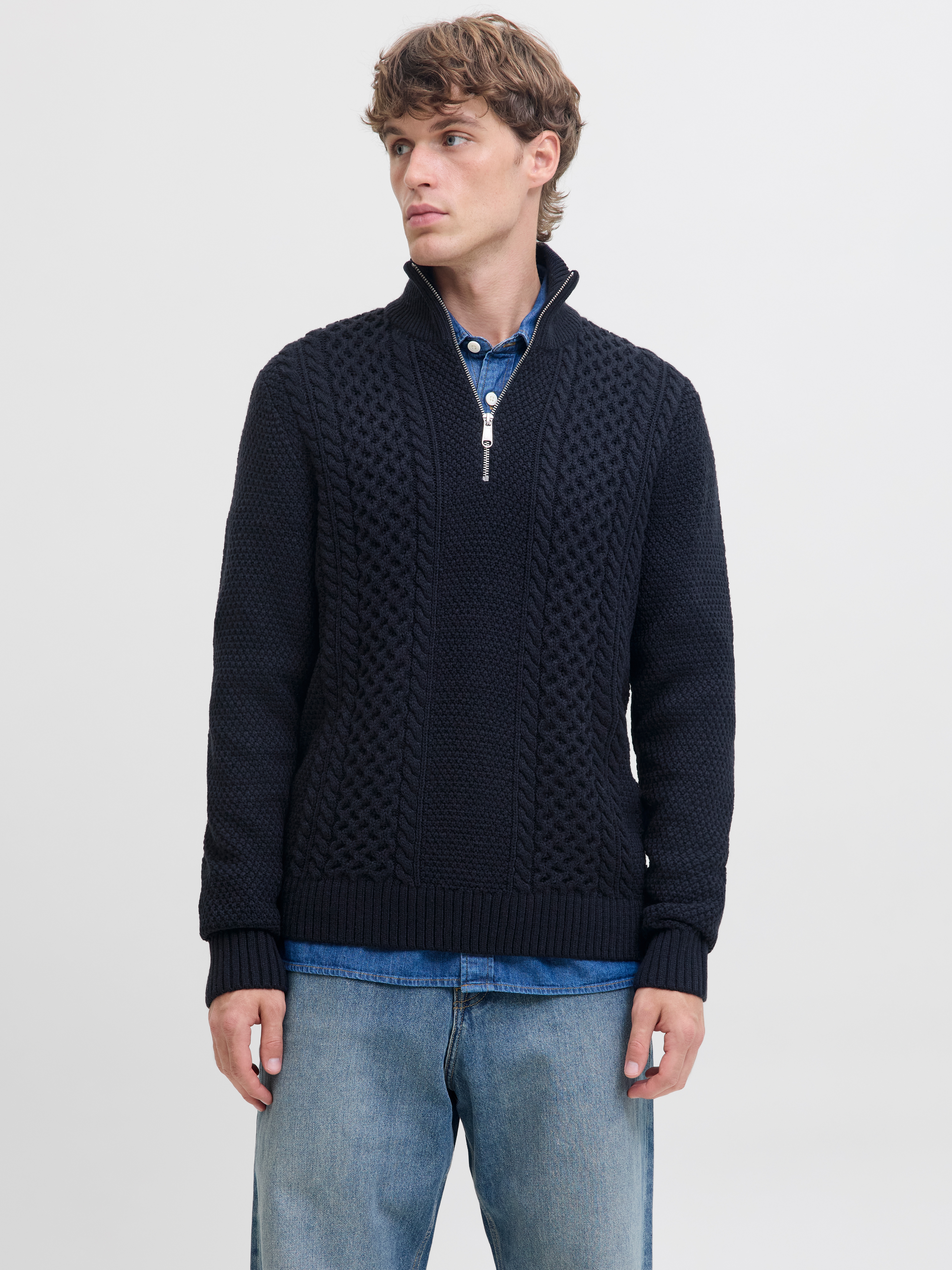 Troyer JACK & JONES "JJPAUL KNIT HALF ZIP", Herren, Gr. L, sky captain, Strick, Obermaterial: 82% Polyacryl, 18% Baumwolle, unifarben, regular fit normal, hoch geschlossener Ausschnitt, Pullover Troyer